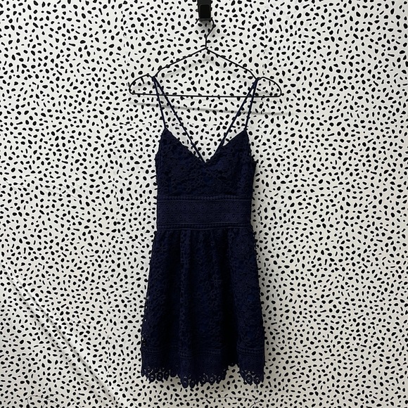 J.O.A. Dresses & Skirts - JOA Blue Crochet Lace Fit & Flare Mini Dress